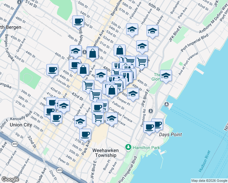 map of restaurants, bars, coffee shops, grocery stores, and more near 51 Cooper Place in Weehawken