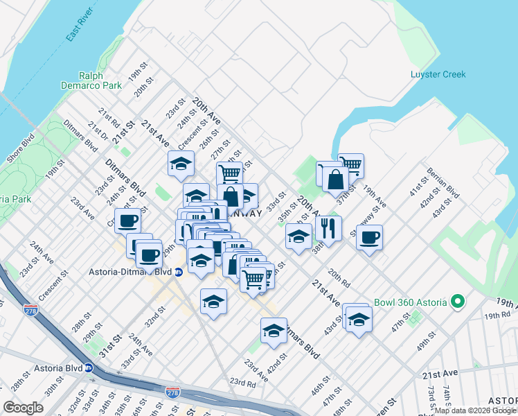 map of restaurants, bars, coffee shops, grocery stores, and more near 2063 33rd Street in Queens