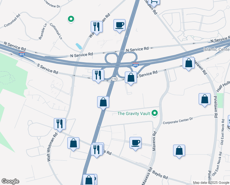 map of restaurants, bars, coffee shops, grocery stores, and more near 401 Broadhollow Road in Melville