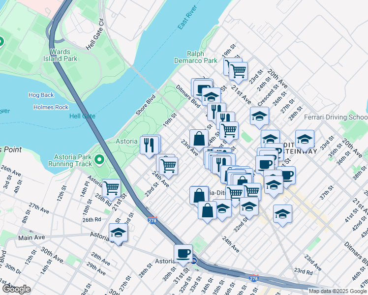 map of restaurants, bars, coffee shops, grocery stores, and more near 23-17 23rd Street in Queens