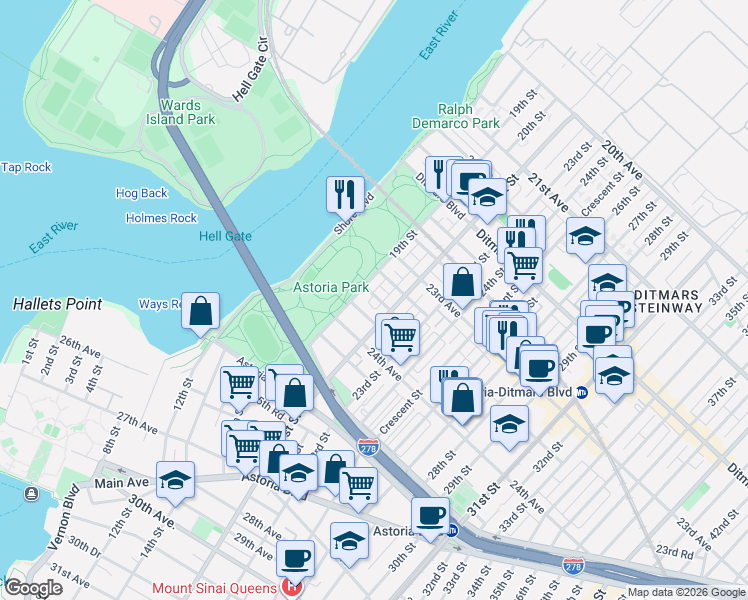 map of restaurants, bars, coffee shops, grocery stores, and more near 19-19 23rd Terrace in Queens
