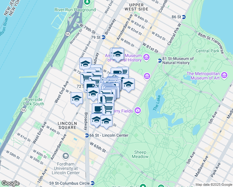 map of restaurants, bars, coffee shops, grocery stores, and more near 69 West 73rd Street in New York
