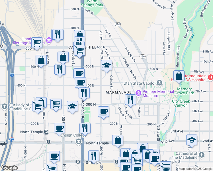 map of restaurants, bars, coffee shops, grocery stores, and more near 183 West 400 North in Salt Lake City