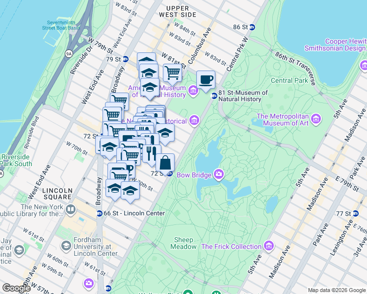 map of restaurants, bars, coffee shops, grocery stores, and more near 4 West 74th Street in New York