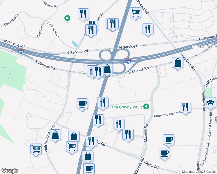 map of restaurants, bars, coffee shops, grocery stores, and more near 401 Broadhollow Road in Melville