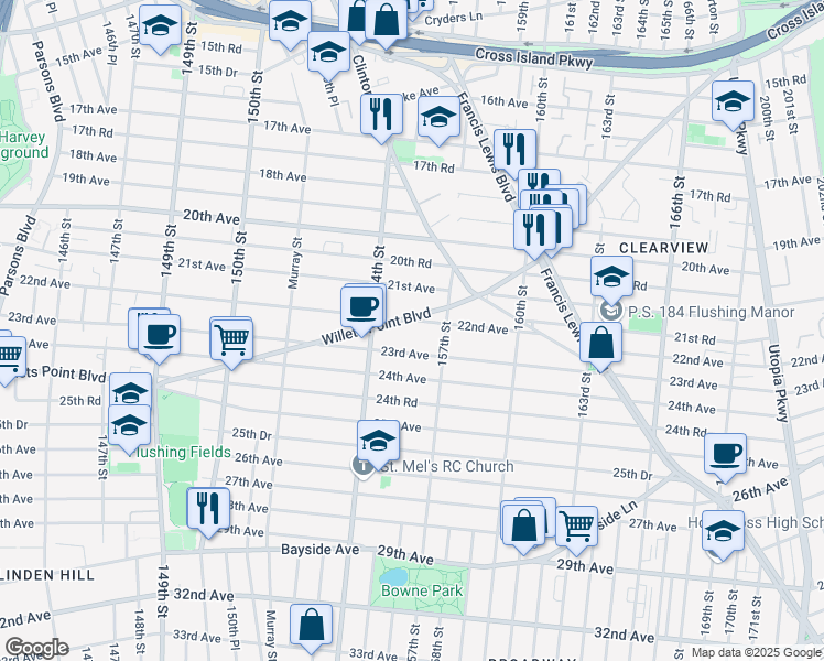 map of restaurants, bars, coffee shops, grocery stores, and more near 154-38 22nd Avenue in Queens