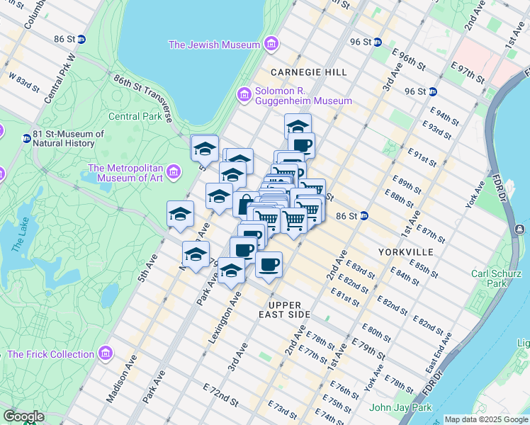 map of restaurants, bars, coffee shops, grocery stores, and more near 113 East 83rd Street in New York