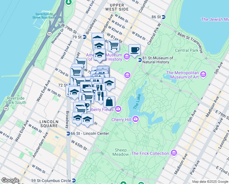map of restaurants, bars, coffee shops, grocery stores, and more near 13 West 74th Street in New York