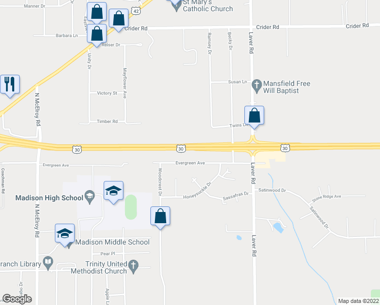 map of restaurants, bars, coffee shops, grocery stores, and more near 1691 Evergreen Avenue West in Mansfield