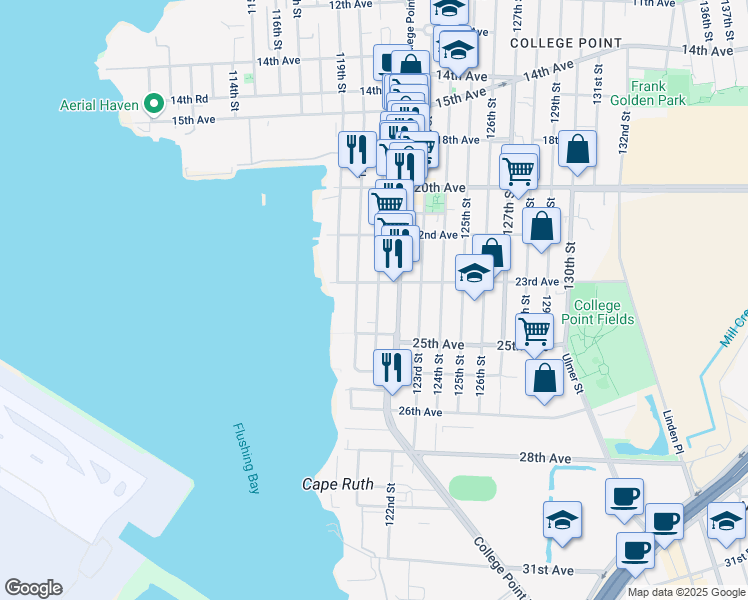 map of restaurants, bars, coffee shops, grocery stores, and more near 23-38 College Point Boulevard in Queens