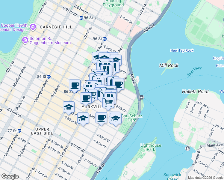 map of restaurants, bars, coffee shops, grocery stores, and more near 438 East 89th Street in New York