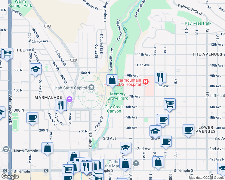 map of restaurants, bars, coffee shops, grocery stores, and more near 370 North Canyon Road in Salt Lake City