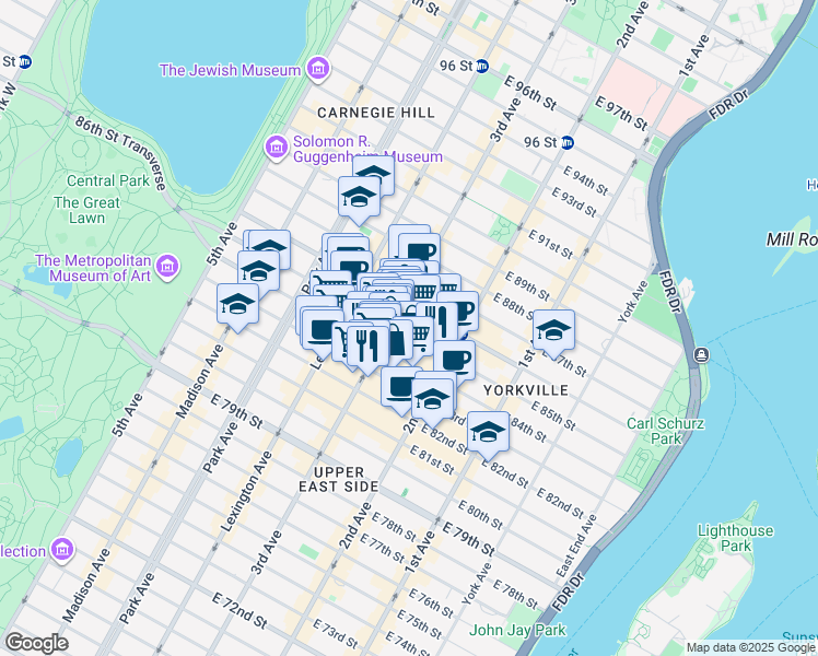 map of restaurants, bars, coffee shops, grocery stores, and more near 205 East 85th Street in New York