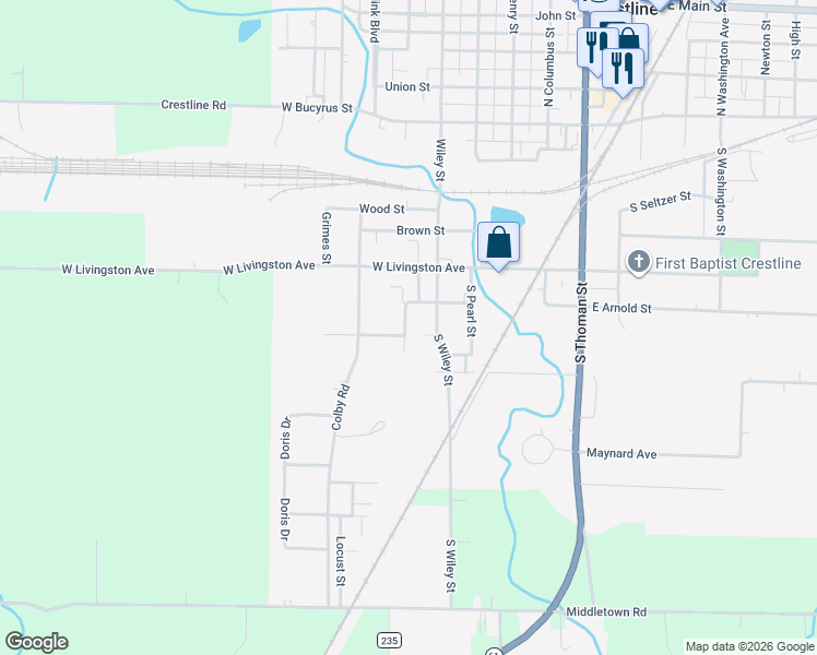 map of restaurants, bars, coffee shops, grocery stores, and more near 619 Larwill Street in Crestline