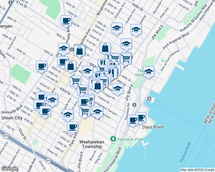 map of restaurants, bars, coffee shops, grocery stores, and more near 51 Cooper Place in Weehawken
