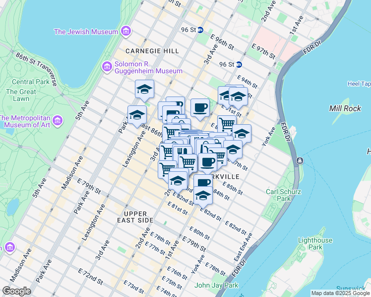 map of restaurants, bars, coffee shops, grocery stores, and more near East 86th Street in New York