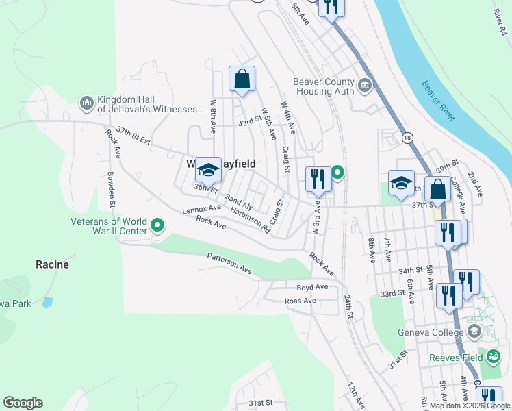 map of restaurants, bars, coffee shops, grocery stores, and more near 508 Harbinson Road in Beaver Falls