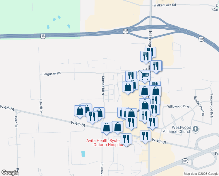 map of restaurants, bars, coffee shops, grocery stores, and more near 672 Villa Drive in Ontario