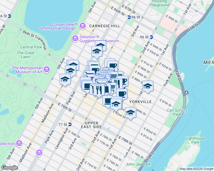 map of restaurants, bars, coffee shops, grocery stores, and more near 1517 3rd Avenue in New York