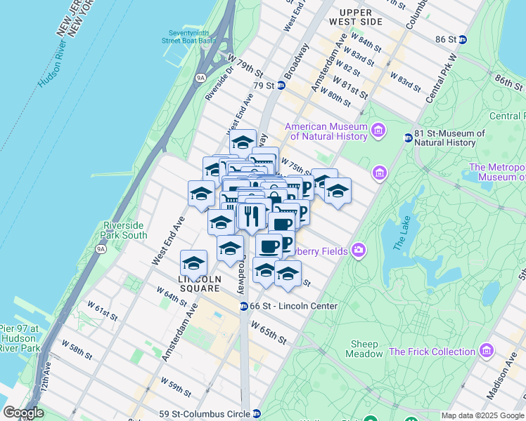 map of restaurants, bars, coffee shops, grocery stores, and more near 160 West 72nd Street in New York