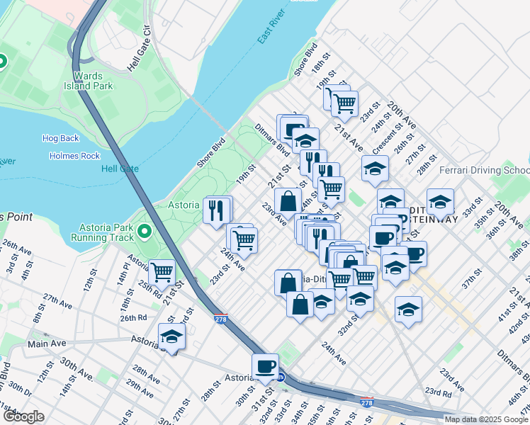 map of restaurants, bars, coffee shops, grocery stores, and more near 23-17 23rd Street in Queens