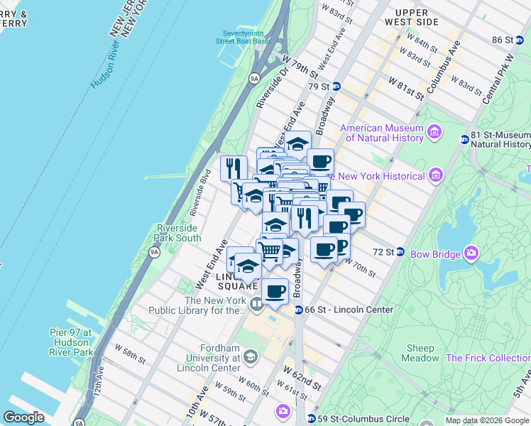 map of restaurants, bars, coffee shops, grocery stores, and more near 22484 West 70th Street in New York