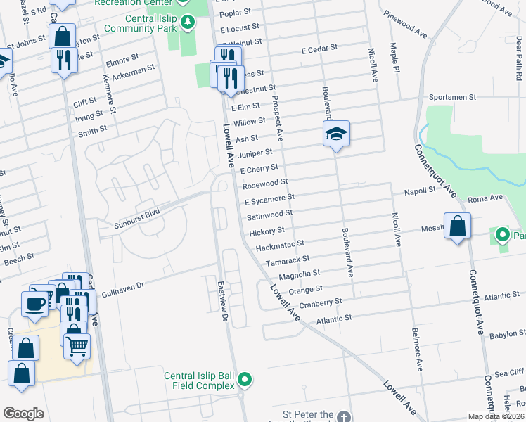 map of restaurants, bars, coffee shops, grocery stores, and more near 11 Hickory Street in Central Islip