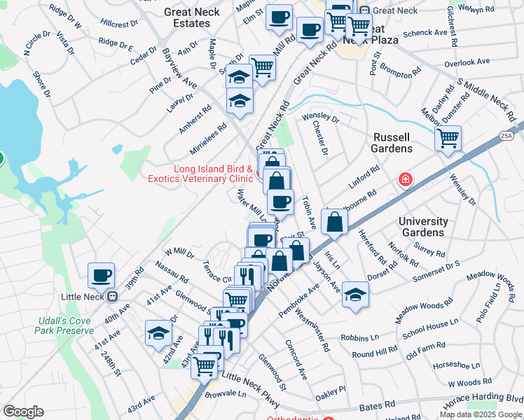 map of restaurants, bars, coffee shops, grocery stores, and more near 81 Water Mill Lane in Great Neck