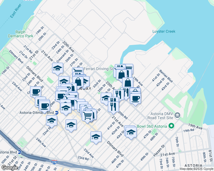 map of restaurants, bars, coffee shops, grocery stores, and more near 20-28 36th Street in Queens