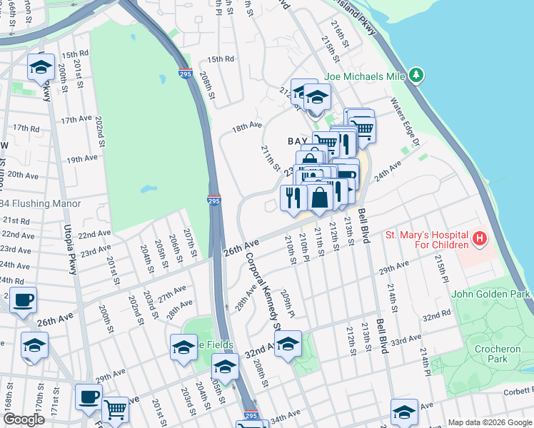 map of restaurants, bars, coffee shops, grocery stores, and more near 209-33 26th Avenue in Queens
