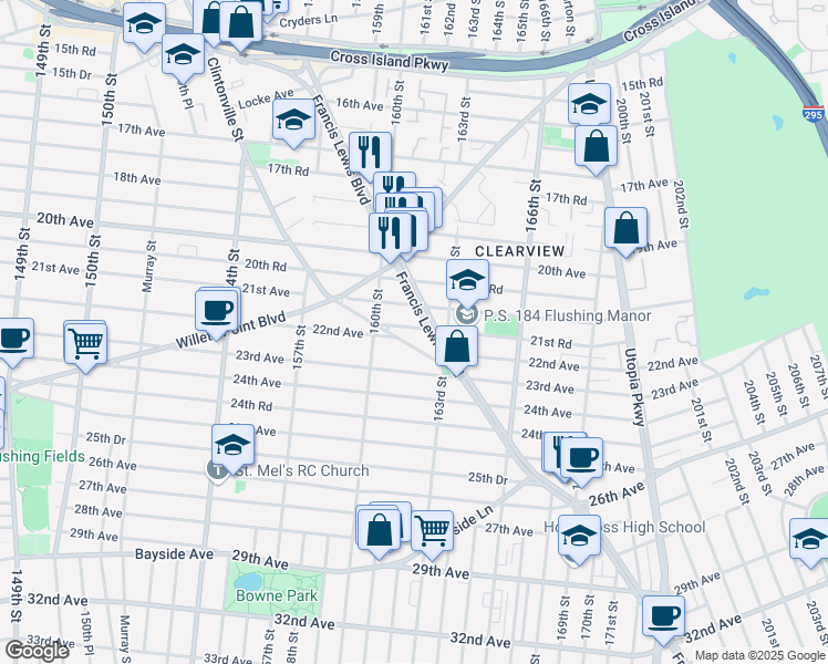 map of restaurants, bars, coffee shops, grocery stores, and more near 21-44 Francis Lewis Boulevard in Queens