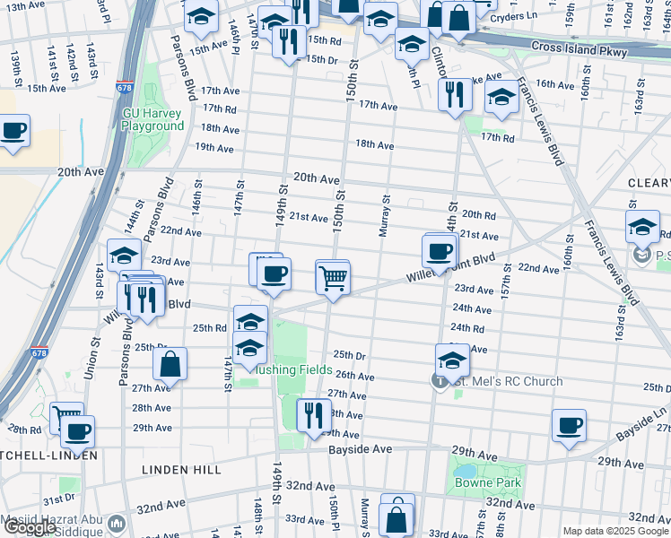 map of restaurants, bars, coffee shops, grocery stores, and more near 23-14 150th Street in Queens
