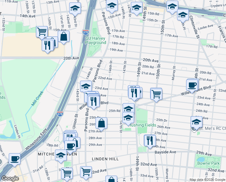 map of restaurants, bars, coffee shops, grocery stores, and more near 146-12 24th Avenue in Queens