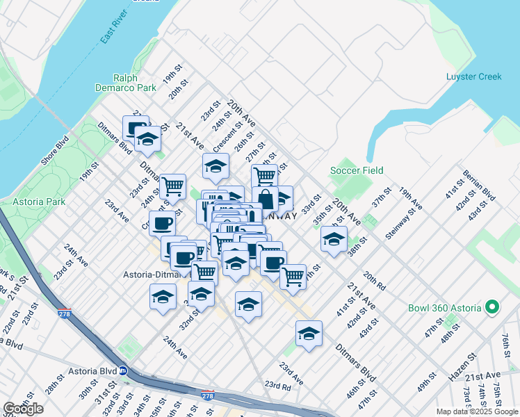 map of restaurants, bars, coffee shops, grocery stores, and more near 21-38 31st Street in Queens