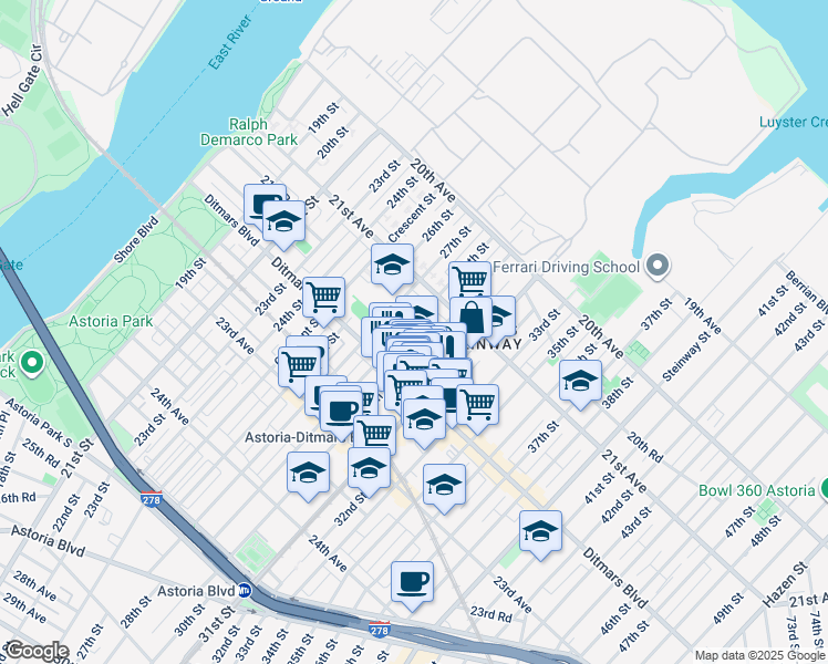 map of restaurants, bars, coffee shops, grocery stores, and more near in Queens