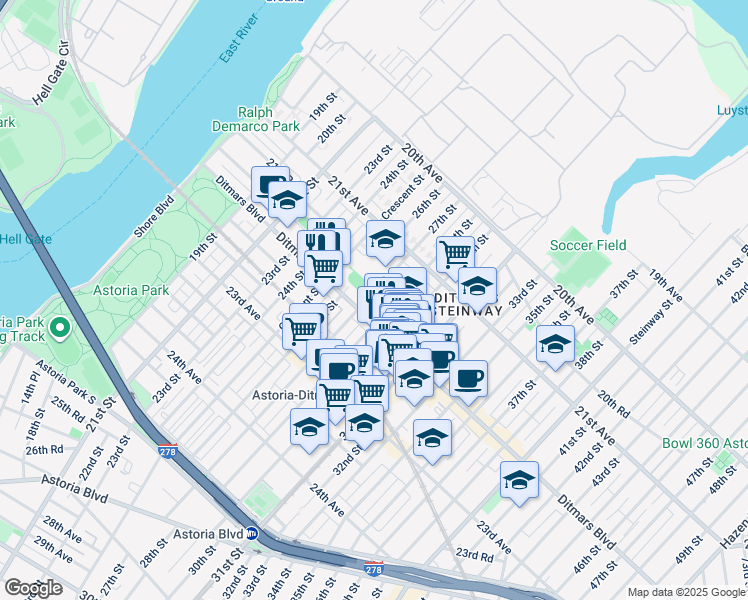 map of restaurants, bars, coffee shops, grocery stores, and more near 22- 1 27th Street in Queens