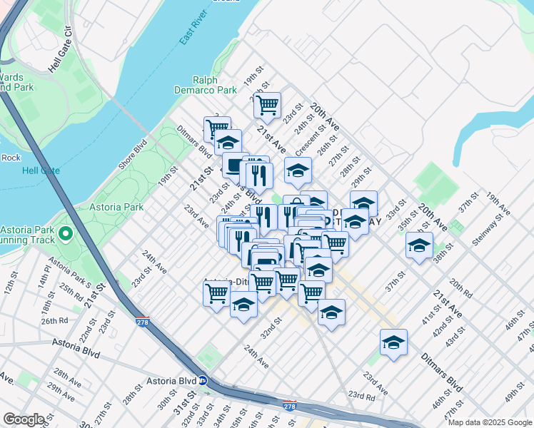 map of restaurants, bars, coffee shops, grocery stores, and more near 22-37 27th Street in Queens