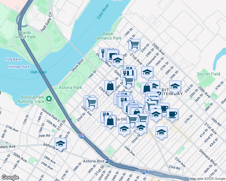 map of restaurants, bars, coffee shops, grocery stores, and more near in Queens