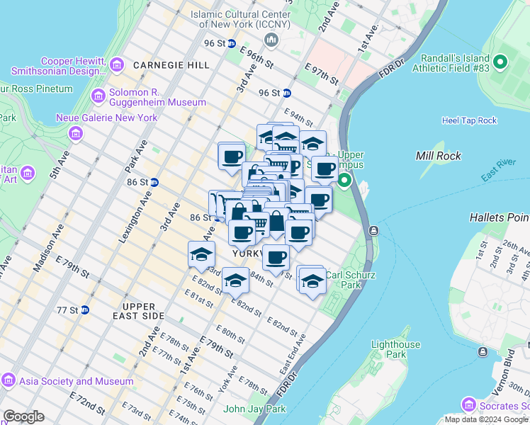 map of restaurants, bars, coffee shops, grocery stores, and more near 1689 1st Avenue in New York