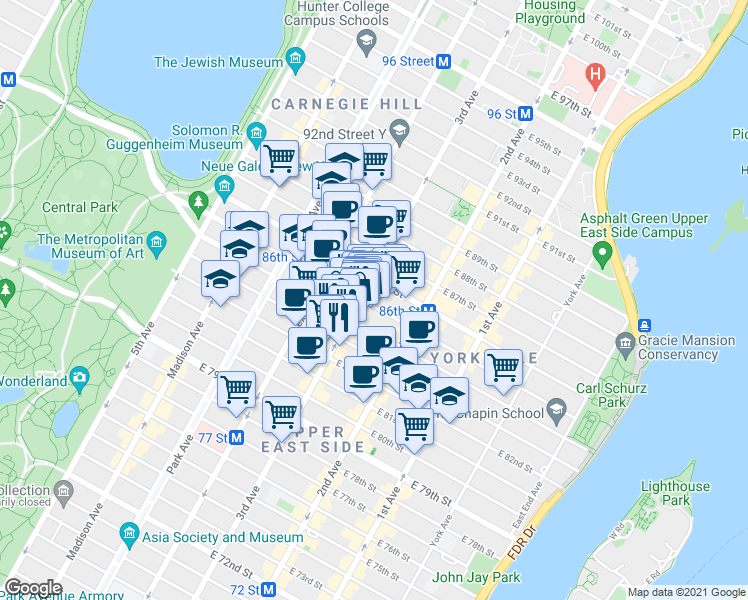 map of restaurants, bars, coffee shops, grocery stores, and more near 1517 3rd Avenue in New York