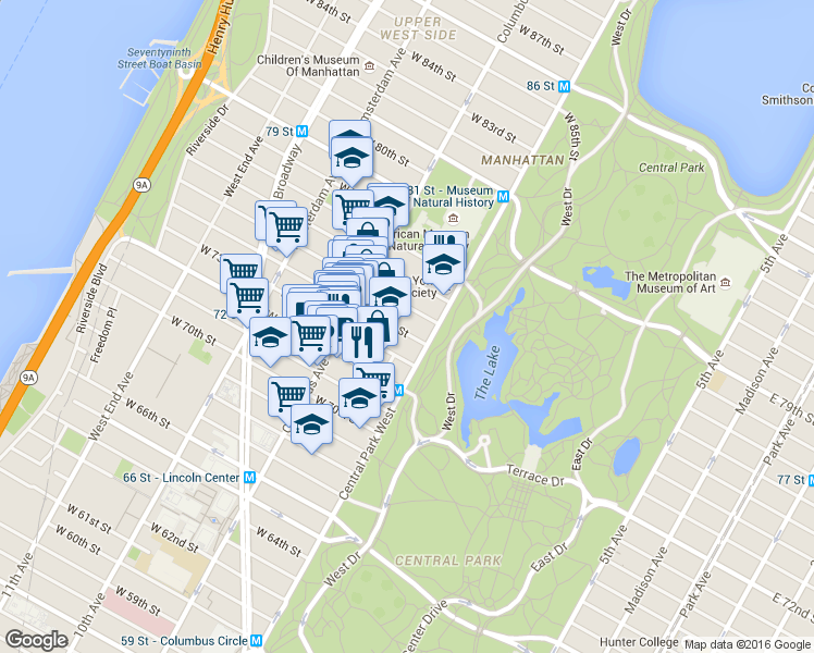 map of restaurants, bars, coffee shops, grocery stores, and more near 4 West 74th Street in New York