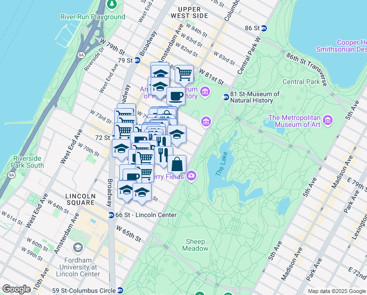map of restaurants, bars, coffee shops, grocery stores, and more near 4 West 74th Street in New York