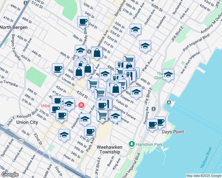 map of restaurants, bars, coffee shops, grocery stores, and more near 4504 Brown Street in Union City