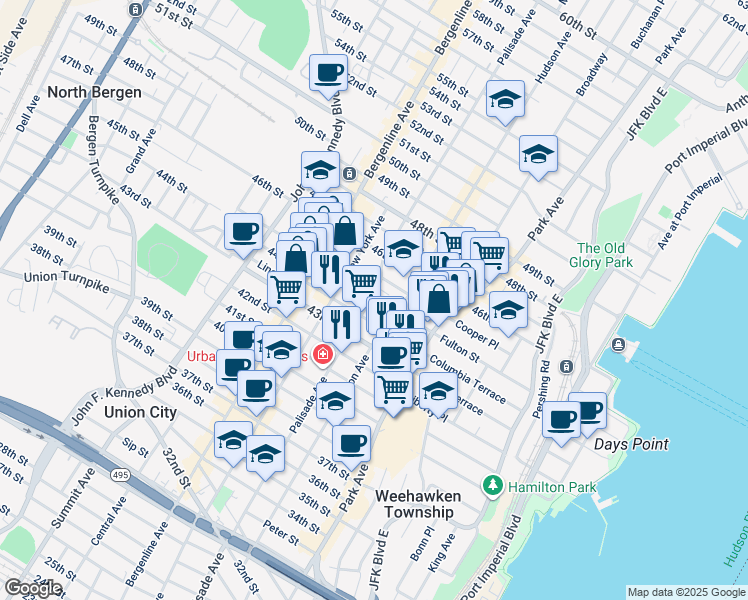 map of restaurants, bars, coffee shops, grocery stores, and more near 4408 Hudson Avenue in Union City