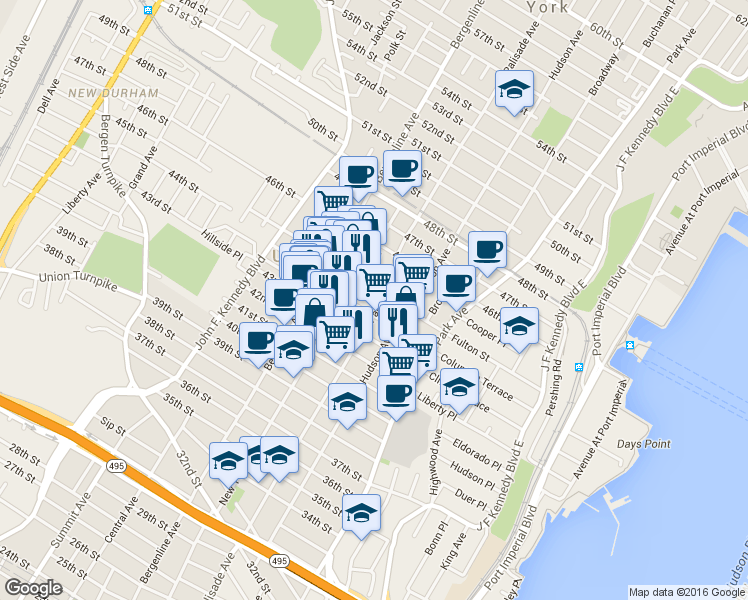 map of restaurants, bars, coffee shops, grocery stores, and more near 4313 Palisade Avenue in Union City