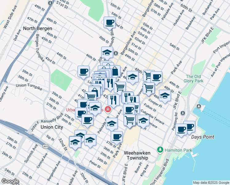 map of restaurants, bars, coffee shops, grocery stores, and more near 4313 Palisade Avenue in Union City