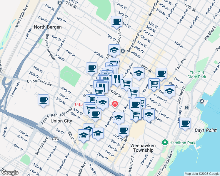 map of restaurants, bars, coffee shops, grocery stores, and more near 4212 New York Avenue in Union City