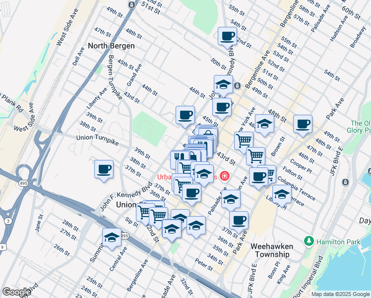 map of restaurants, bars, coffee shops, grocery stores, and more near 524 41st Street in Union City