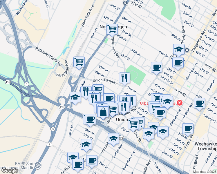 map of restaurants, bars, coffee shops, grocery stores, and more near 3626 Lincoln Terrace in North Bergen