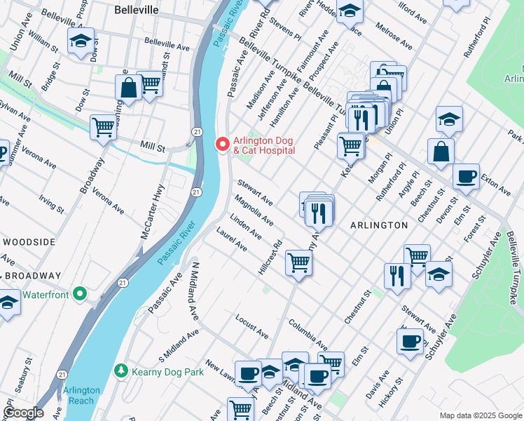 map of restaurants, bars, coffee shops, grocery stores, and more near 64 Magnolia Avenue in Kearny